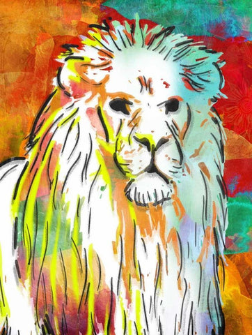 Vibrant Lion White Modern Wood Framed Art Print with Double Matting by OnRei