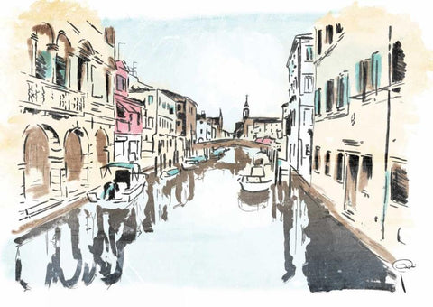 Venice In Ink White Modern Wood Framed Art Print with Double Matting by OnRei