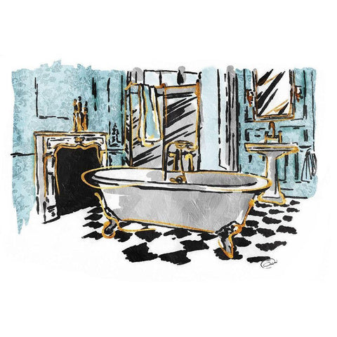 Blue Gold Sketch Bath Black Modern Wood Framed Art Print with Double Matting by OnRei