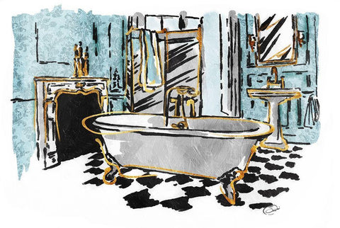 Blue Gold Sketch Bath Black Ornate Wood Framed Art Print with Double Matting by OnRei