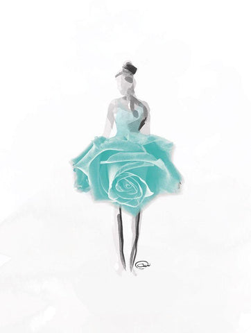 Teal Rose Ballerina White Modern Wood Framed Art Print with Double Matting by OnRei