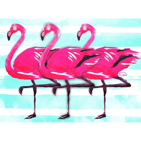 Three Flamingo White Modern Wood Framed Art Print by OnRei