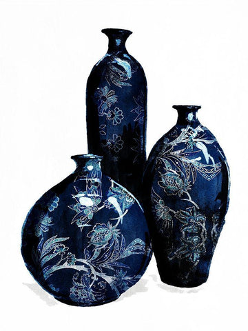 Blue China Vases Black Ornate Wood Framed Art Print with Double Matting by OnRei