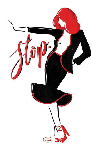 Stop Lady In Red White Modern Wood Framed Art Print with Double Matting by OnRei