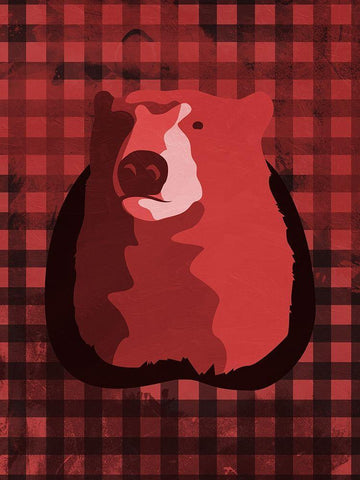 Bear Red Check White Modern Wood Framed Art Print with Double Matting by OnRei