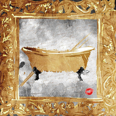 Golden Bath Kiss Mate Gold Ornate Wood Framed Art Print with Double Matting by OnRei