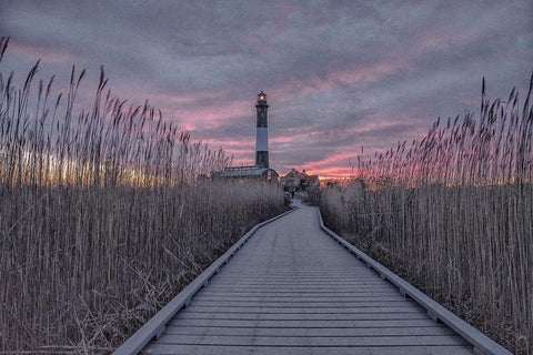 Fire Island Lighthouse Sunrise White Modern Wood Framed Art Print with Double Matting by DeLuca, Pat