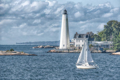 New London Harbor Lighthouse White Modern Wood Framed Art Print with Double Matting by DeLuca, Pat