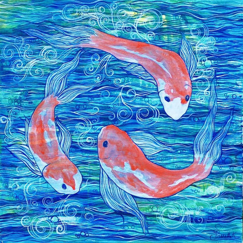 Circling Koi Black Ornate Wood Framed Art Print with Double Matting by Varacek, Pam