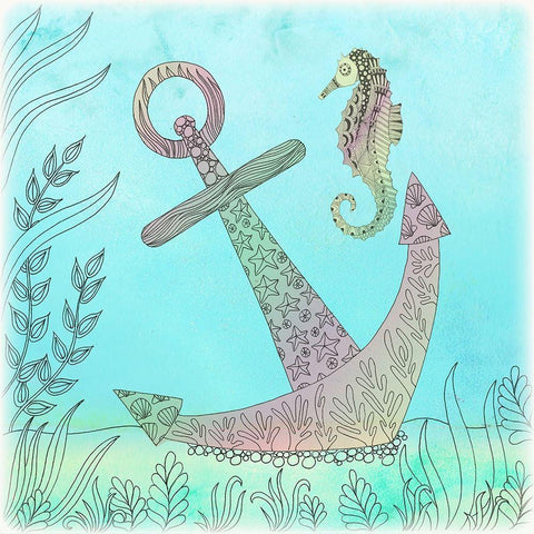 Anchored Seahorse White Modern Wood Framed Art Print with Double Matting by Varacek, Pam