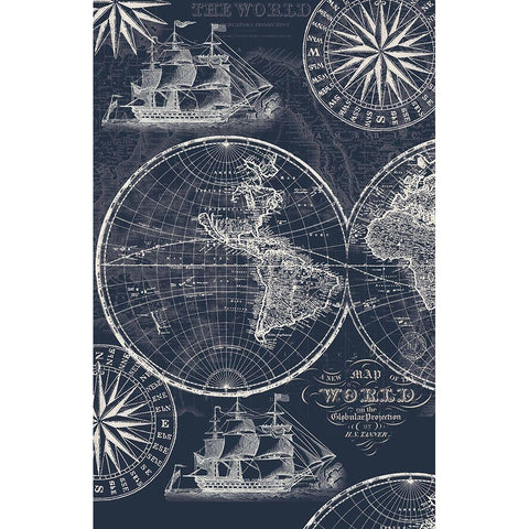 Nautical Ocean Maps Coordiate Blue Black Modern Wood Framed Art Print by Allen, Candace