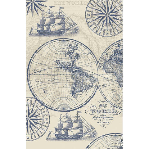 Nautical Ocean Maps Coordiate Creme Black Modern Wood Framed Art Print with Double Matting by Allen, Candace