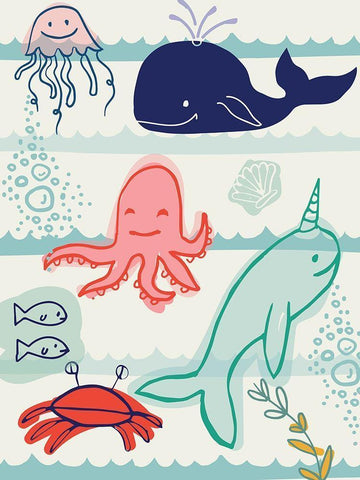 Sea Animals Black Ornate Wood Framed Art Print with Double Matting by Lula Bijoux and Company
