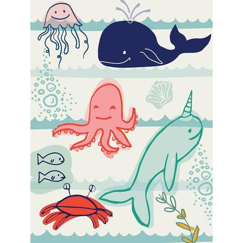 Sea Animals Black Modern Wood Framed Art Print with Double Matting by Lula Bijoux and Company