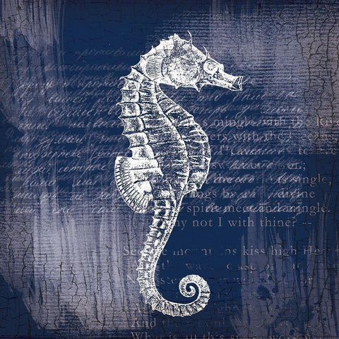 Sea Horse On Blue Gold Ornate Wood Framed Art Print with Double Matting by Lula Bijoux and Company