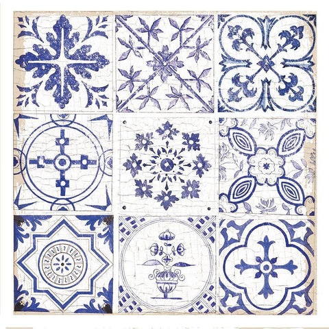 Blue Tiles 1 White Modern Wood Framed Art Print with Double Matting by Lula Bijoux and Company