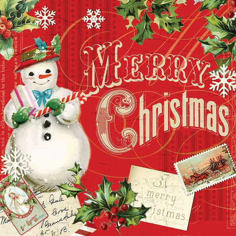 Merry Xmas Snowman 2 Black Ornate Wood Framed Art Print with Double Matting by Lula Bijoux And Company