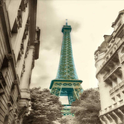 Teal Eiffel Tower 2 White Modern Wood Framed Art Print by Poinski, Dianne