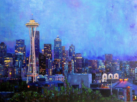 Seattle at Night White Modern Wood Framed Art Print with Double Matting by Ghanooni, Sarah