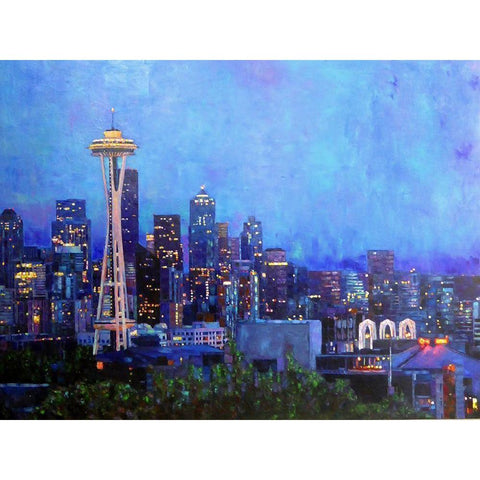 Seattle at Night Gold Ornate Wood Framed Art Print with Double Matting by Ghanooni, Sarah