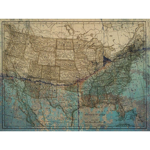 Blue Blue Map America Gold Ornate Wood Framed Art Print with Double Matting by Lewis, Sheldon