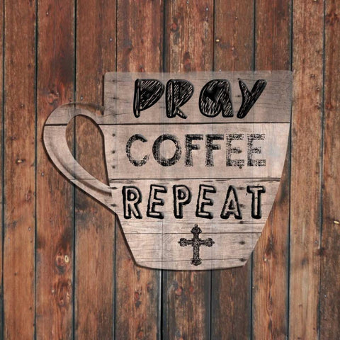 Pray Coffee Repeat White Modern Wood Framed Art Print by Lewis, Sheldon