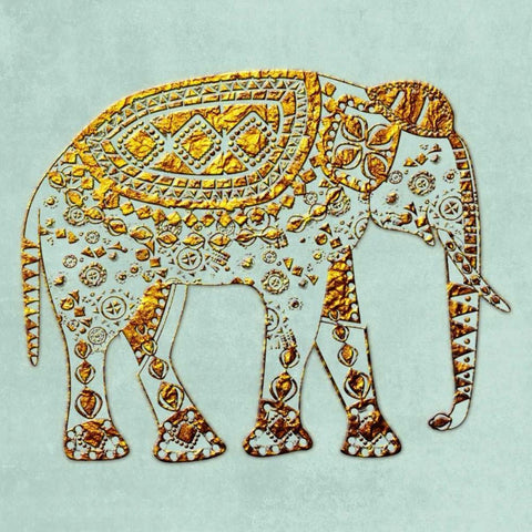 Dusty Aqua Elephant Gold Ornate Wood Framed Art Print with Double Matting by Lewis, Sheldon