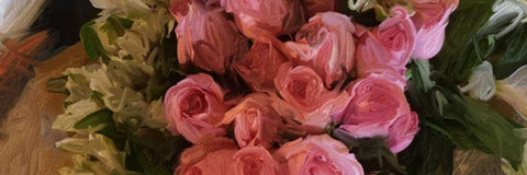 Pink Roses Black Ornate Wood Framed Art Print with Double Matting by Butcher, Sarah