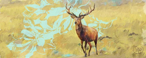 Stag With Magnolia Black Ornate Wood Framed Art Print with Double Matting by Butcher, Sarah