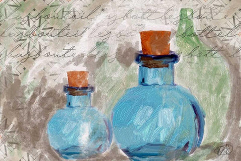 Blue Glass Bottles Black Ornate Wood Framed Art Print with Double Matting by Butcher, Sarah