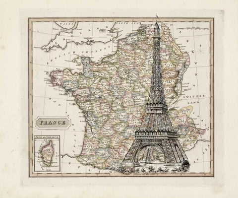 Eiffel Tower Map White Modern Wood Framed Art Print with Double Matting by Carlson, Tina