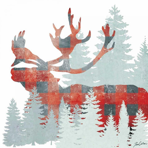 Plaid Caribou Forest Black Modern Wood Framed Art Print by Carlson, Tina