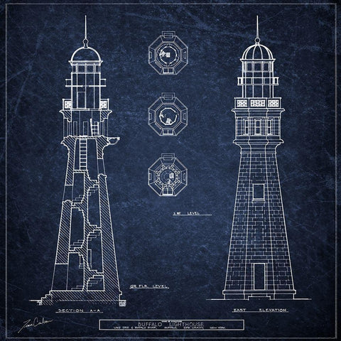 Buffalo Lighthouse Navy White Modern Wood Framed Art Print with Double Matting by Carlson, Tina