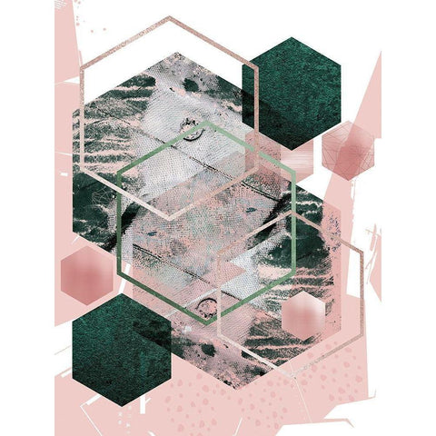 Pink Green Geo Hex White Modern Wood Framed Art Print by Urban Epiphany