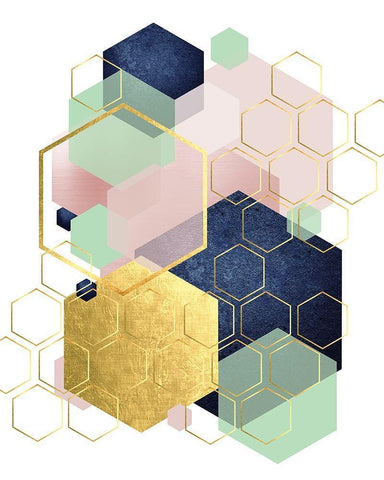 Gold Blush Navy Mint Hexagonal Black Ornate Wood Framed Art Print with Double Matting by Urban Epiphany
