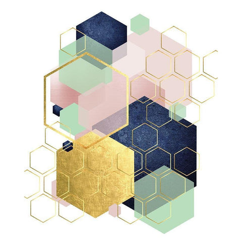 Gold Blush Navy Mint Hexagonal Black Modern Wood Framed Art Print with Double Matting by Urban Epiphany