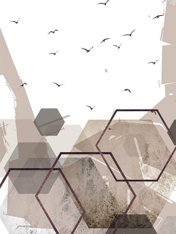 Abstract Hexagons Beige White Modern Wood Framed Art Print with Double Matting by Urban Epiphany