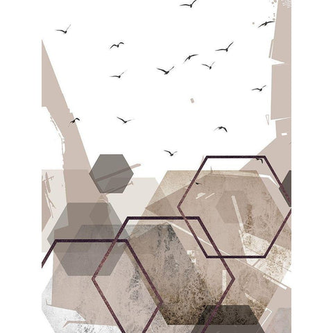 Abstract Hexagons Beige Black Modern Wood Framed Art Print by Urban Epiphany