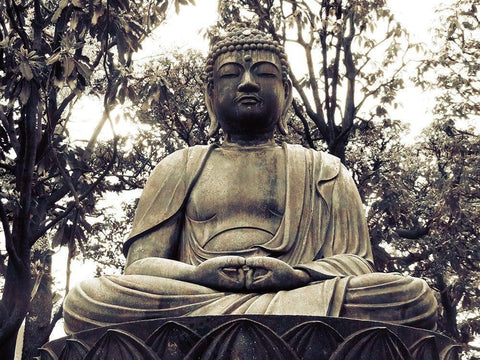 Japanese Buddha Statue 2 Black Ornate Wood Framed Art Print with Double Matting by Urban Epiphany