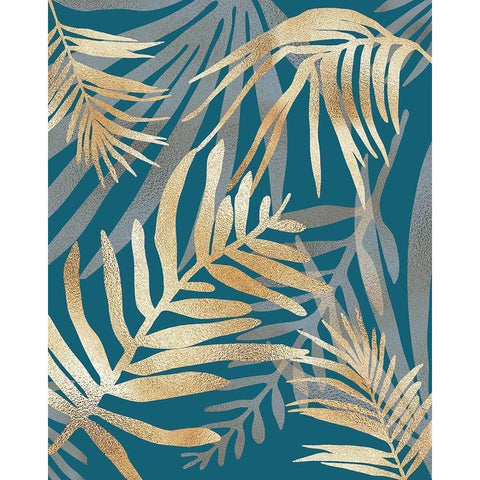 Glam Leaves Teal Black Modern Wood Framed Art Print with Double Matting by Urban Epiphany