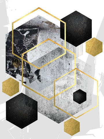 Abstract Geo Black Gold 1 White Modern Wood Framed Art Print with Double Matting by Urban Epiphany