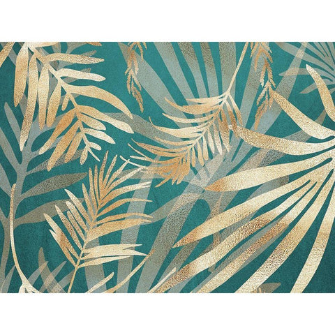 Glam Leaves Teal 2 Gold Ornate Wood Framed Art Print with Double Matting by Urban Epiphany