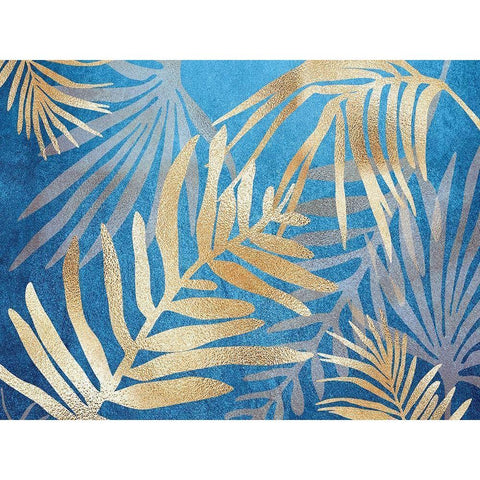 Glam Leaves Blue Gold Ornate Wood Framed Art Print with Double Matting by Urban Epiphany