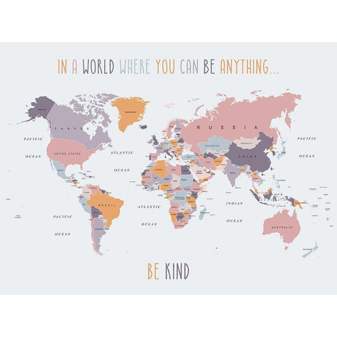 Be Kind World Map 4 White Modern Wood Framed Art Print by Urban Epiphany