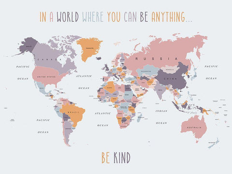 Be Kind World Map 4 Black Ornate Wood Framed Art Print with Double Matting by Urban Epiphany