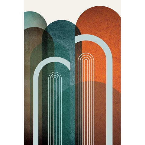 MidCentury Arches Teal Orange 2 Gold Ornate Wood Framed Art Print with Double Matting by Urban Epiphany