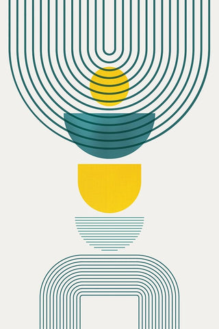 Mid Century Teal Yellow 1 White Modern Wood Framed Art Print with Double Matting by Urban Epiphany