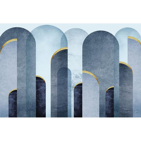 Mid Century Arches Blue Gold Black Modern Wood Framed Art Print with Double Matting by Urban Epiphany