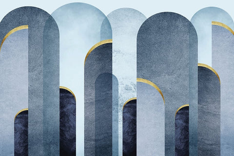 Mid Century Arches Blue Gold White Modern Wood Framed Art Print with Double Matting by Urban Epiphany