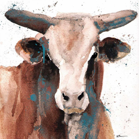 Splashed Blue Bull Black Modern Wood Framed Art Print with Double Matting by Brown, Victoria